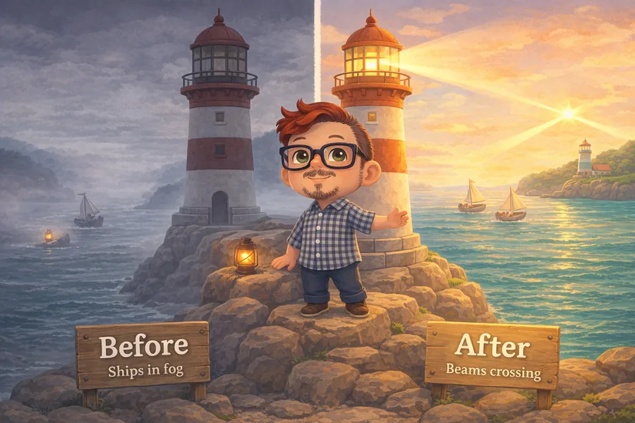 Before and after: a foggy harbor with a dark lighthouse, then the same lighthouse lit with its beam crossing a second lighthouse's beam over the water